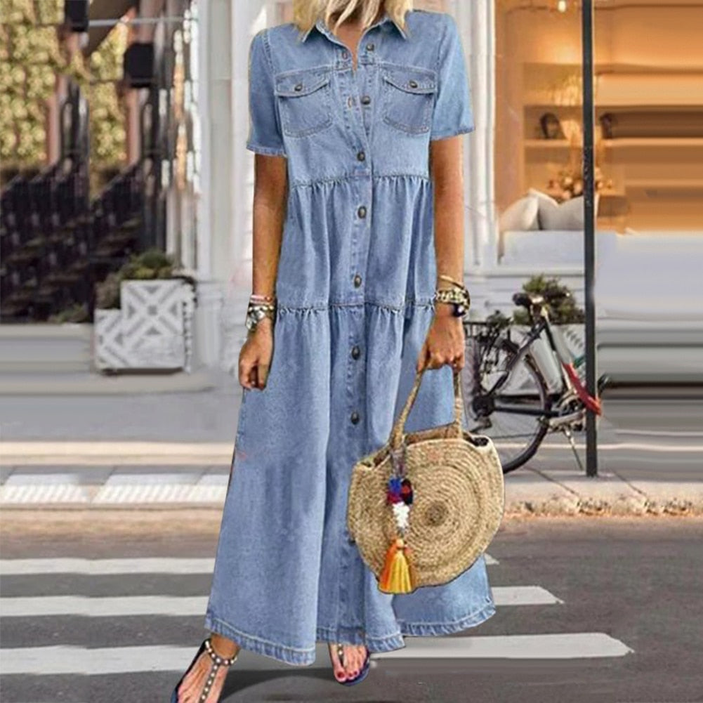 Ariella | Vintage Denim Style Maxi Dress
