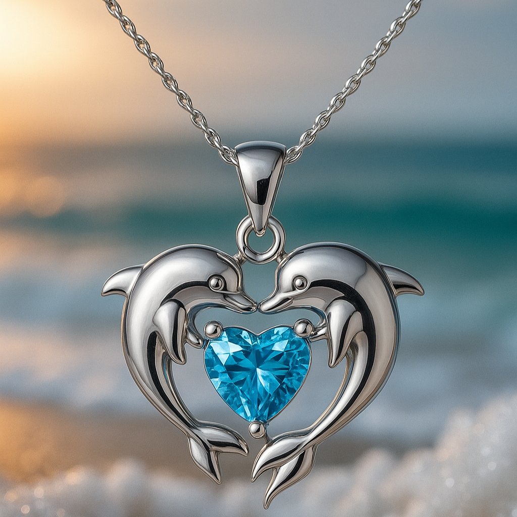 Double Dolphin of Love Silver Opal Necklace