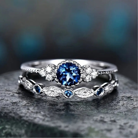 Sophisticated Silver Sapphire Ring Set