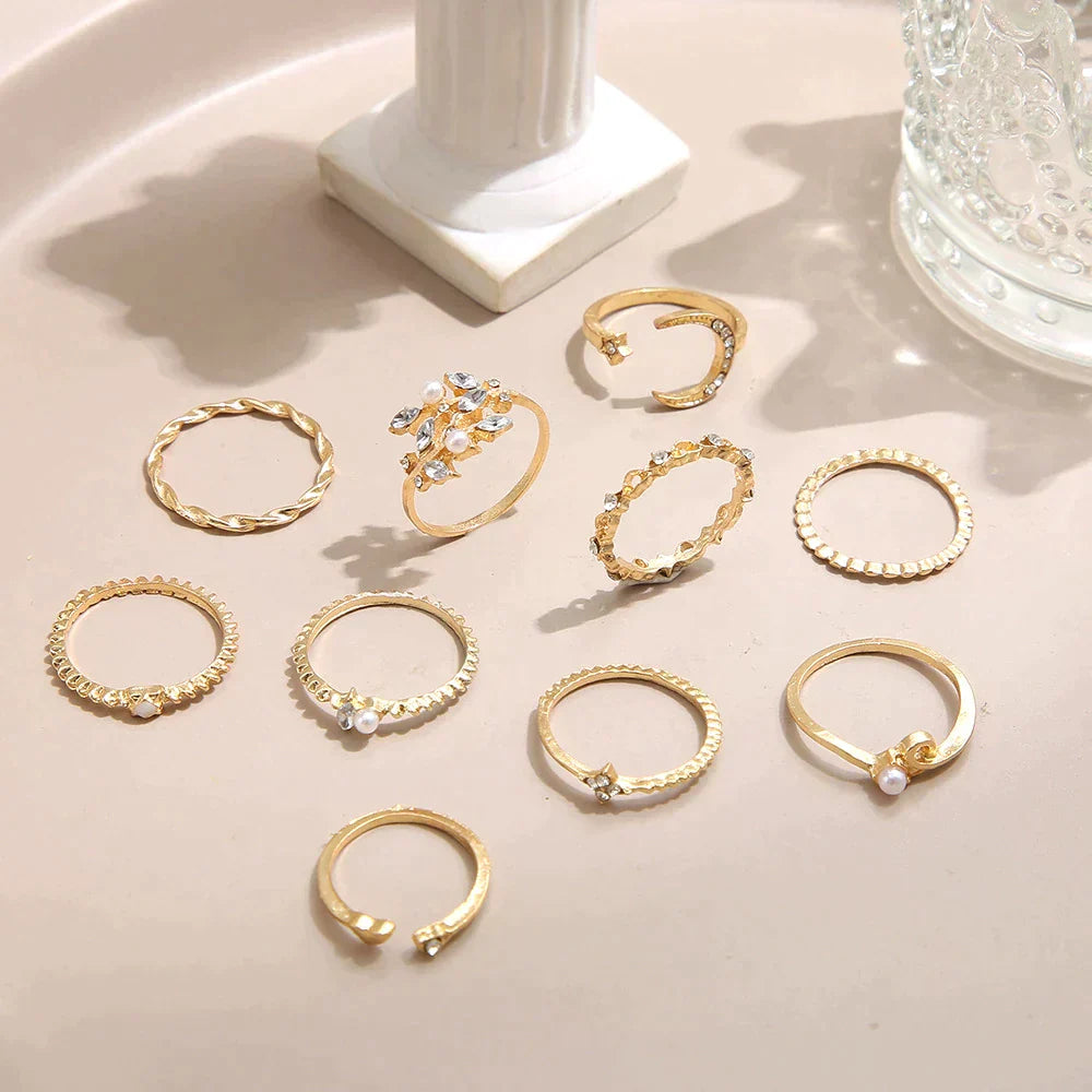 10-Piece Bohemian Ring Set in Silver and Gold